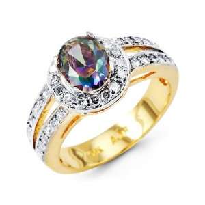    Oval Mystic Fire Topaz 14k Yellow Gold Round CZ Ring: Jewelry