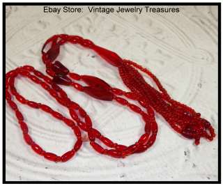 Vintage Art Deco Delicate Faceted Red Glass Bead Tassle Necklace 