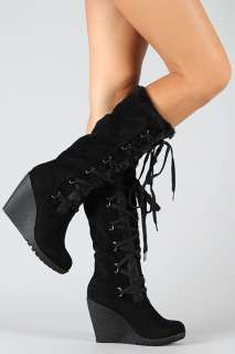 Tai et Mio Fur Lace Up Knee High Wedge Winter Black PU Boot Fedel 03 