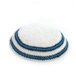 17 Centimeter Knitted Kippah in White with Blue Double Stripe Pattern