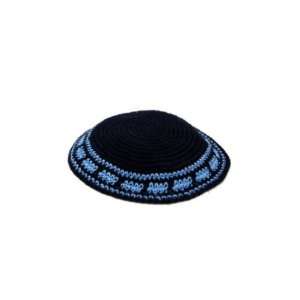   Centimeter Black Knitted Kippah with Light Blue Line and Stripe Design