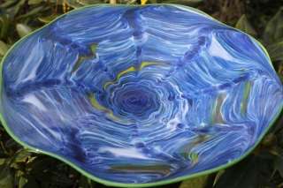 Sky Blue Hand Blown Glass Shallow Bird Bath Outdoor Garden Decoration 