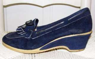   Navy Blue Suede Leather BOHO Wedges Kiltie Lace Up Shoes 6.5  