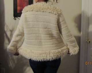   hand KNIT Cream Wool FRINGE Heavy 60s Sweater CARDIGAN Wrap  