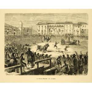  1875 Wood Engraving Peru Cusco Bullfighting Bullring Blood 