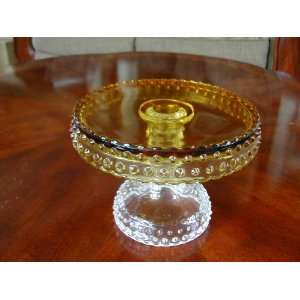  6 Amber & Crystal Glass Hobnail Cake Stand Plate Hand Made in Pa 