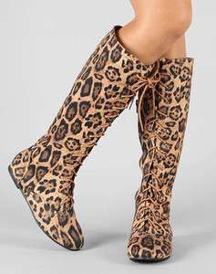   Toe Lace Up Flat Heel Knee High Boots Brogued Leopard Cambridge 01KH