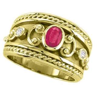   Antique Oval Red Ruby & Diamond Byzantine Ring 14k Yellow Gold Womens