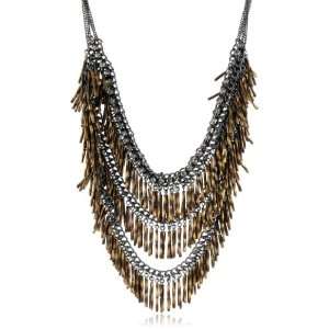   New York Modern Bronze Bugle Bead Fringe Frontal Necklace: Jewelry