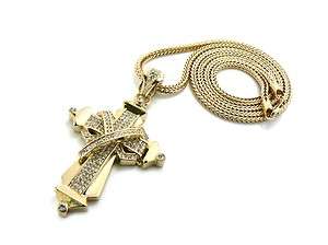 Iced Out Small 3D Pave Cross Pendant w/Franco Chain Gold GAP11  