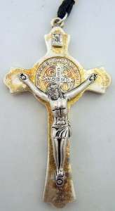Saint St. Benedict Crucifix Rustic Antique Cross w Rope  