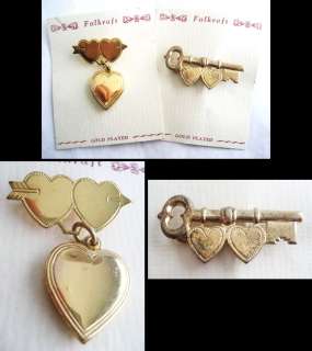 TWO Vintage VALENTINE SWEETHEART Pins HEART LOCKET Key  