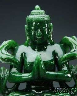 Chinese Natural Spinach Jade Seated Buddha, Wood Stand w/ Gilt Silver 
