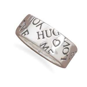  Polished fashion ring with oxidized words in the band such 