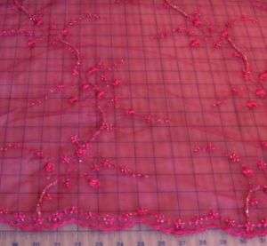 Embroidered Beaded Organza Fabric Cerise by the yard  