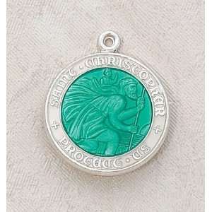Sterling Silver Green Enameled St. Christopher Patron Saint Medal 