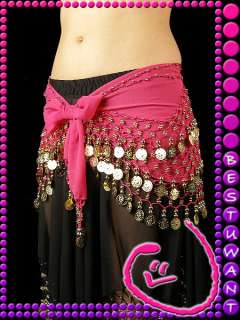 NEW Belly Dance Gold Coins Chiffon Hip Belt Scarf Costume Clothing 160 