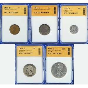  1936 D Mint 5 Coin Year Set   SGS Certified Authentic 