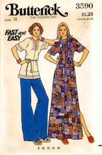 1970s Butterick Pattern # 3590 Tunic or Caftan Dress Wide Leg 