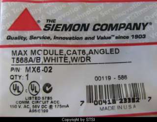 Siemon Cat6 Angled Jack Module, White MX6 02 ~STSI 700416233527  