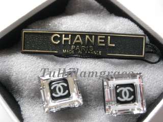 Authentic CHANEL Clear Crystal Resin Square Black CC Logo Earrings