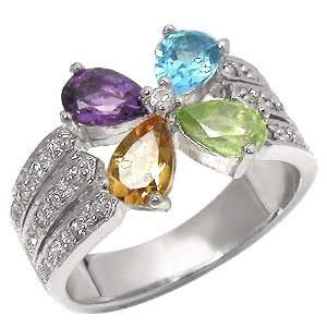   Natural Colored Gemstone and Diamond 10k White Gold Ring: Jewelry
