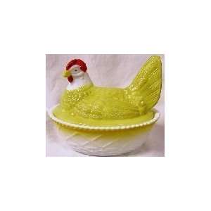  5 Glass Painted Sunny Yellow Chicken on Basket Covered 