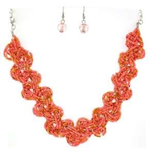  Orange Braided Beads and Sequins Necklace and Earrings Set 