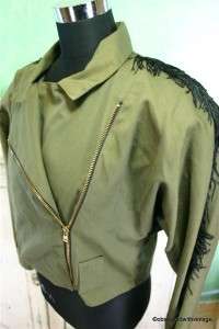 80s army green black fringe coat jacket zipper biker rocker military 