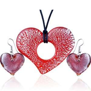  Silver Foil Red Crusted Heart Pendant Earring Set Pugster 