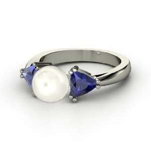   Ring, White Cultured Pearl Platinum Ring with Sapphire Jewelry