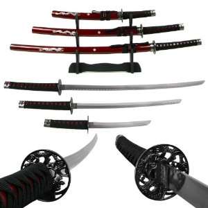  Deluxe Red Dragon Katana Samurai Sword Set of 3 w/ stand 