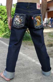 Asian Designer Jeans Embroidered Tiger Gods 32 ButtonUp  
