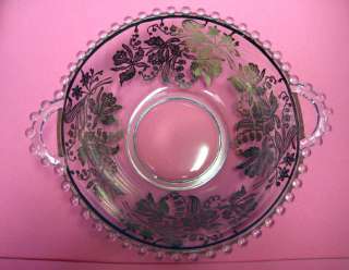 Vintage Beaded Rim Glass Bowl with Sterling Silver Orchids Overlay 