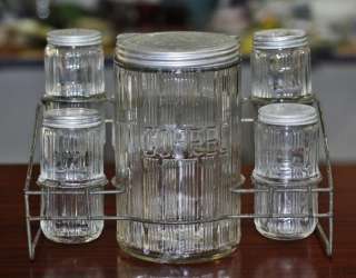 Vintage Set of 7 Hoosier Cabinet Spice & Coffee Jars w/ Rack  