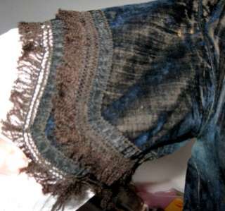 1860s Midnight Blue Velvet Evening Bodice Flared Sleeves Fringe Trim 