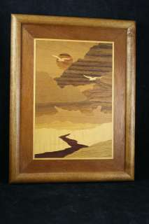   NELSON HUDSON RIVER INLAY WOOD ART SEAGULLS RIVER MARQUETRY SIGNED