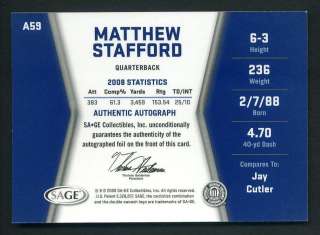 2009 Sage Hit Matthew Stafford Rc Rookie Auto /250 Certified Autograph 