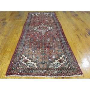  36 x 98 Red Persian Hand Knotted Wool Hamedan Runner Rug 