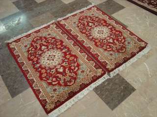 RED FLOWER PAIR HAND KNOTTED RUG WOOL SILK CARPET 3X2  