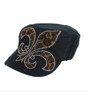 Fleur De Lis~ Black/ Cheetah Cadet Syle Rhinestone Hat  