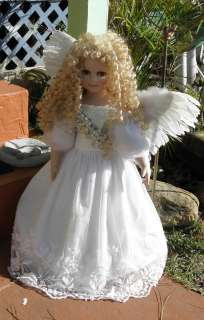 VERY LARGE ANGEL DOLL BLONDE CURLS FEATHER WINGS PORCELAIN HEAD, LIMBS 
