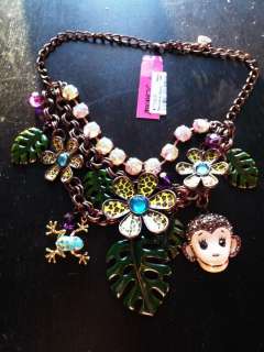   Betsey Johnson Jungle Fever Leopard Daisy Monkey Charm Necklace  