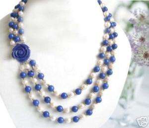 Beautiful!7 8mm White Akoya Pearl&Lapis Lazuli Necklace  