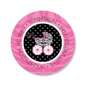 Zebra Pram Pink & Black Round Baby Shower Stickers 