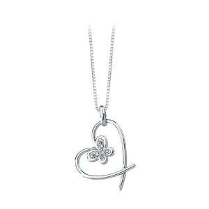 14K White Gold 0.05 ct. Diamond Heart and Butterfly Fashion Pendant 