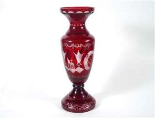 Antique Ruby Glass VASE Bohemian 19th Century Moser, Hand Cut Czech 