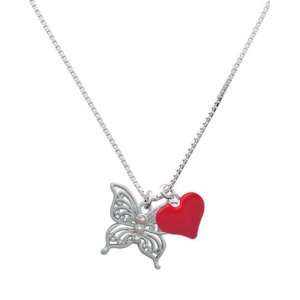 Open Silver Butterfly with 3 AB Swarovski Crystals and Red Heart Charm 