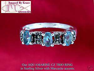 Sterling Silver Aquamarine Marcasite Trio Ring size 10  