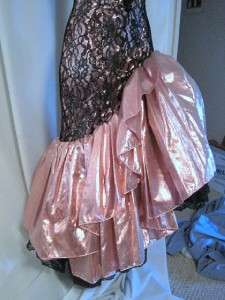 Vtg 80s Black Lace,Metallic Pink Assymetrical Mermaid Strapless Prom 